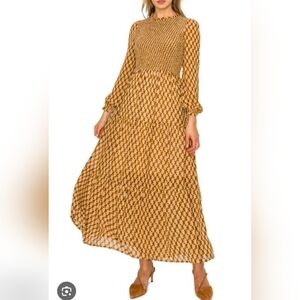 MELLODAY Smocked Long Sleeve Midi Dress In Geo Print Size XS